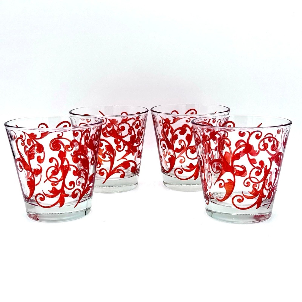 Set of‎ 4 Vintage Cerve Italy Drink Lowball Glasses Red Swirl Pattern MCM 3.25”